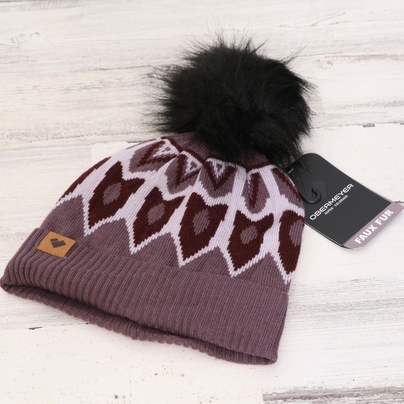 Obermeyer Fair Isle Faux Fur Jacquard knit  Pom Beanie Purple Reign NEW - Picture 1 of 4